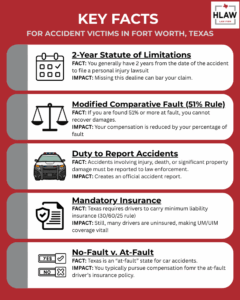 Infographic listing key legal facts for accident victims in Fort Worth, Texas, including statute of limitations, comparative fault, reporting duties, insurance requirements, and fault-based compensation rules.