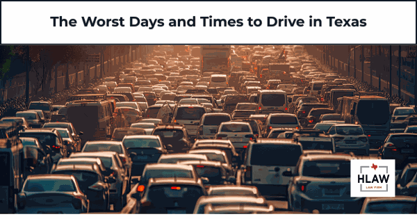 Heavy traffic on a Texas highway during rush hour, illustrating the worst times to drive.