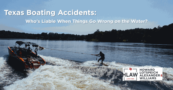 Speedboat towing a wakeboarder on a Texas lake, representing boating accident liability cases handled by Howard Lotspeich Alexander & Williams, PLLC.