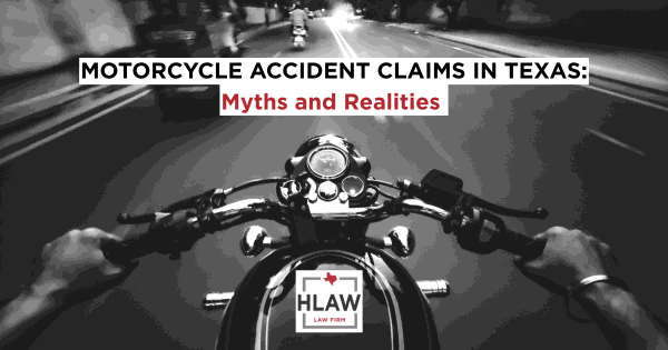 Point-of-view of a rider on a Texas road at night with text overlay “Motorcycle Accident Claims in Texas: Myths and Realities,” promoting HLAW’s motorcycle accident guide.