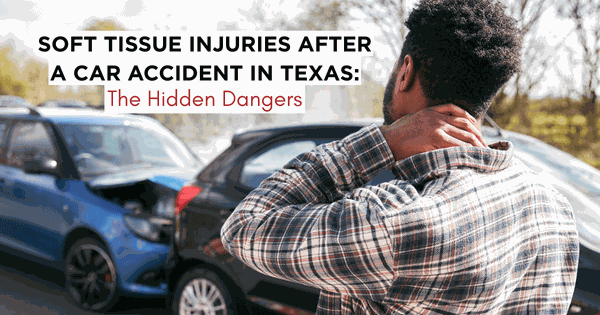 Man holding his neck in pain after a Texas car accident, illustrating hidden soft tissue injuries like whiplash and disc damage.