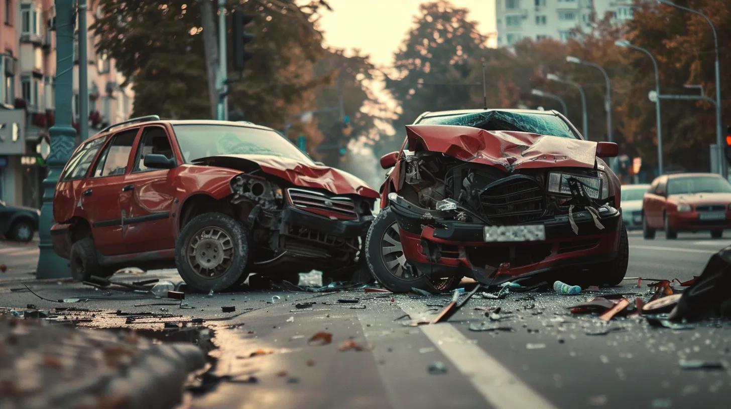 realistic car wreck between two cars, one car is a food delivery driver (like doordash or instacart)