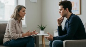 A therapist speaking with a patient, symbolizing mental health diagnosis and support.