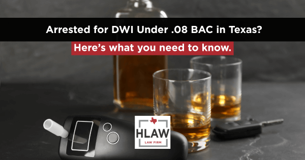 Alcoholic drink glasses, a breathalyzer, and a car key on a table with a text overlay asking ‘Arrested for DWI Under .08 BAC in Texas? Here’s what you need to know.