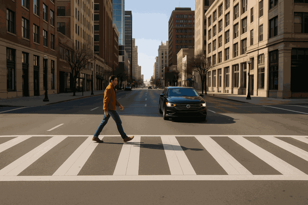 Pedestrian crossing a downtown Fort Worth crosswalk as a car approaches, illustrating risks for pedestrians at busy urban intersections.