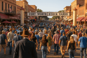 A busy daytime crowd walking along the cobblestone street at the historic Fort Worth Stockyards under the iconic sign, illustrating heavy pedestrian traffic in a high-risk accident area.