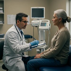 Doctor examining a patient after a car accident in a medical office