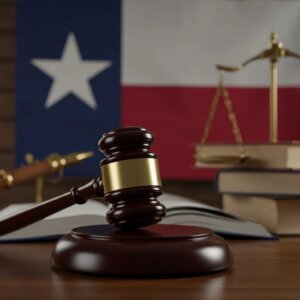 Legal representation of Texas car accident laws with gavel and law books