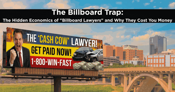 Satirical billboard of a 'Cash Cow' settlement mill lawyer against the Fort Worth skyline, illustrating the dangers of hiring high-volume injury firms.