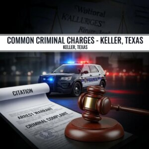 Collage of common criminal charges in Keller, Texas, including police car and legal documents
