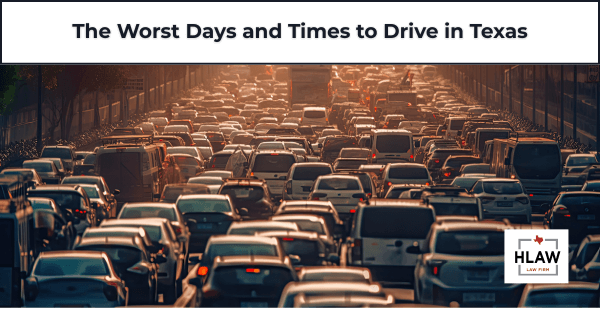 Heavy traffic on a Texas highway during rush hour, illustrating the worst times to drive.
