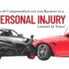 Two cars involved in a front-end collision with text asking what types of compensation are available in a Texas personal injury lawsuit.