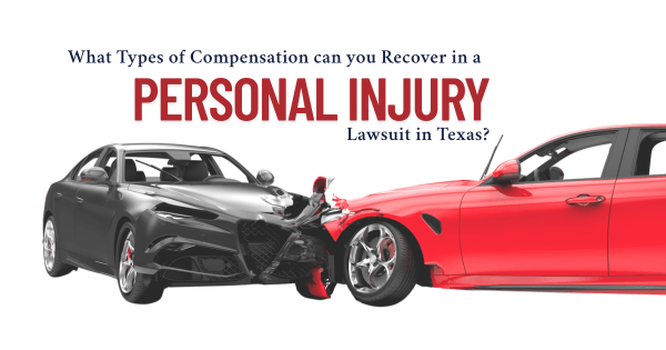 Two cars involved in a front-end collision with text asking what types of compensation are available in a Texas personal injury lawsuit.