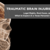 Medical illustration of a human skull and brain with the text ‘Traumatic Brain Injuries in Texas – Legal Rights, Real Cases, and What to Expect in a Texas Personal Injury Claim’ from HLAW Law Firm.