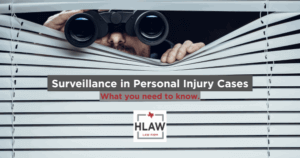 Person with binoculars peeking through blinds – surveillance concept for personal injury investigations.