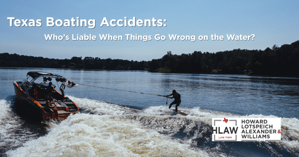 Speedboat towing a wakeboarder on a Texas lake, representing boating accident liability cases handled by Howard Lotspeich Alexander & Williams, PLLC.