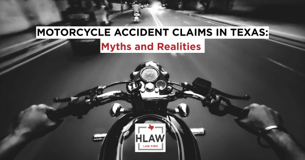 Point-of-view of a rider on a Texas road at night with text overlay “Motorcycle Accident Claims in Texas: Myths and Realities,” promoting HLAW’s motorcycle accident guide.