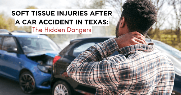 Man holding his neck in pain after a Texas car accident, illustrating hidden soft tissue injuries like whiplash and disc damage.