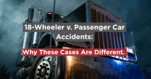 Front of an 18-wheeler semi-truck at night symbolizing the power and danger of large commercial vehicles in Texas truck accident cases.