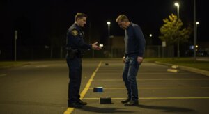 Police officer administering a field sobriety test to a driver at night