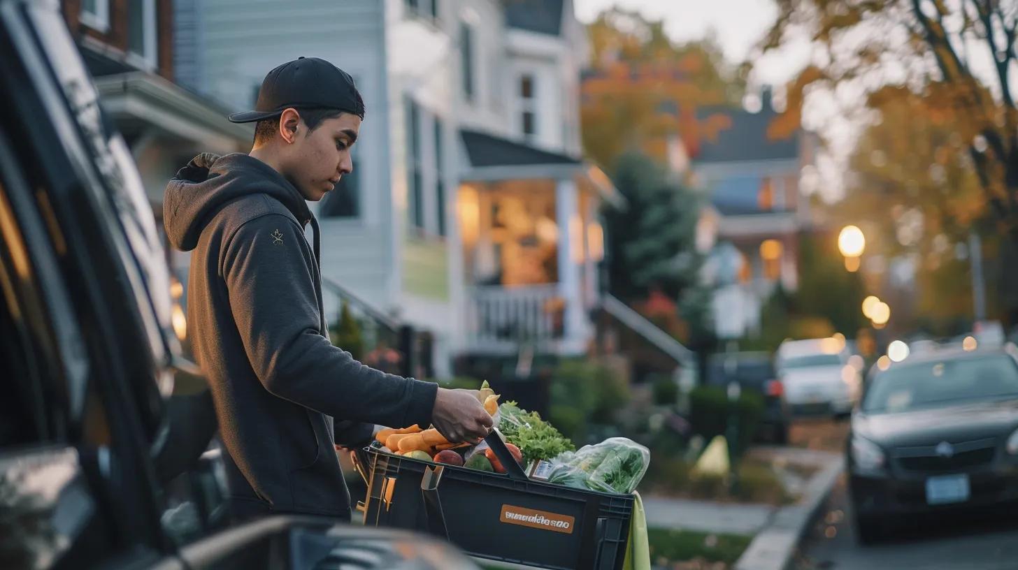 Instacart delivery driver unloading groceries out of car. Vantage is a moderate distance away from vehicle from the side. Vehicle is in a neighborhood parked on street outside of a house with other cars passing by.