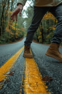 Person performing a Walk and Turn field sobriety test on a roadside