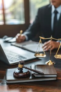Lawyer and client reviewing video evidence on a laptop in a legal office