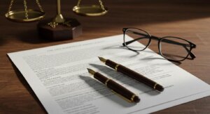 Legal documents, a pen, and glasses on a desk, symbolizing the importance of evidence.