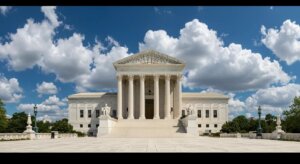 The majestic facade of the United States Supreme Court building under a clear sky.