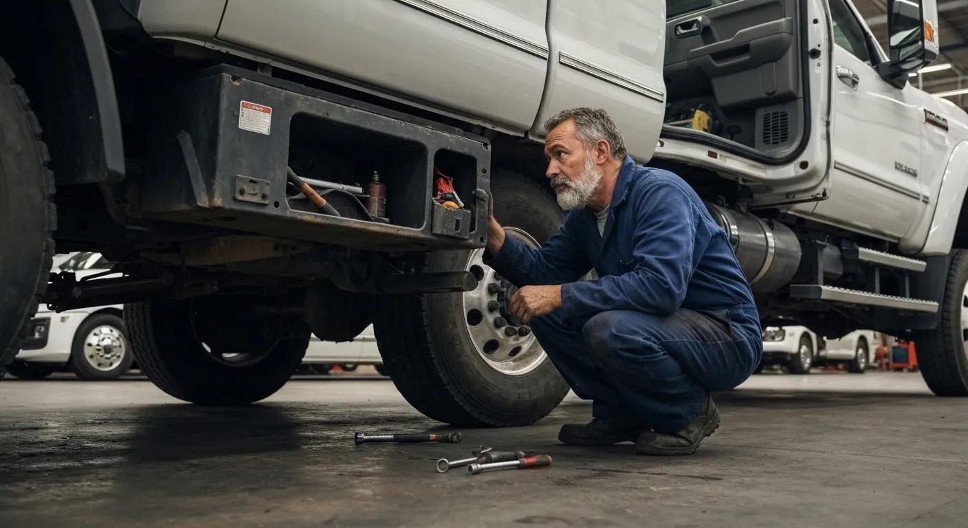 Mechanic inspecting a truck, highlighting FMCSA regulations and vehicle maintenance