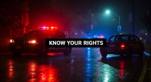 A police car with flashing lights pulled over a civilian vehicle, with text overlay 'Know Your Rights'