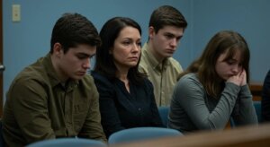 A somber family, possibly in a courtroom or consultation setting, looking distressed and seeking resolution.