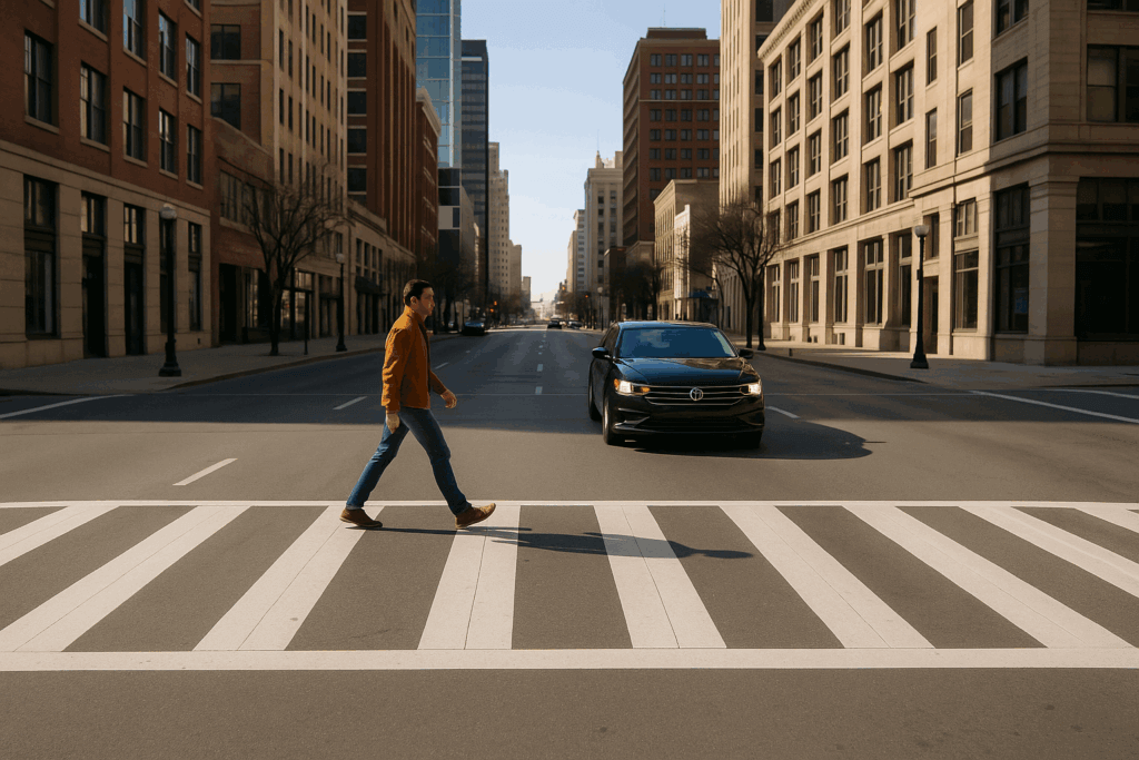 Pedestrian crossing a downtown Fort Worth crosswalk as a car approaches, illustrating risks for pedestrians at busy urban intersections.