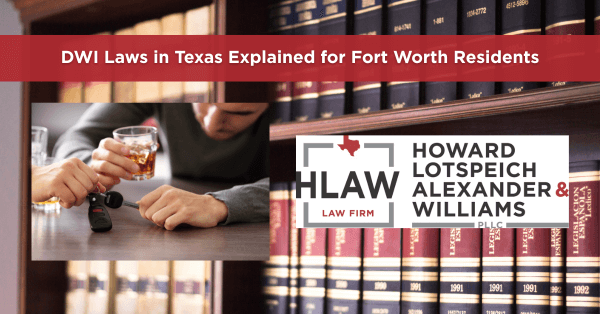 Fort Worth DWI attorney explains Texas DWI laws–Howard Lotspeich Alexander & Williams PLLC logo, legal books and man with whiskey