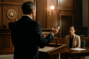 Attorney standing at a courtroom podium arguing on behalf of a seated female client before the judge, illustrating strong legal representation.