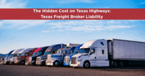 A row of colorful semi-trucks parked along a Texas highway under a blue sky, illustrating freight broker liability in Texas.