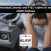 Stressed woman holding her head in front of a damaged car after an accident, illustrating emotional distress and PTSD claims in Texas car accidents.