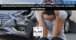 Stressed woman holding her head in front of a damaged car after an accident, illustrating emotional distress and PTSD claims in Texas car accidents.