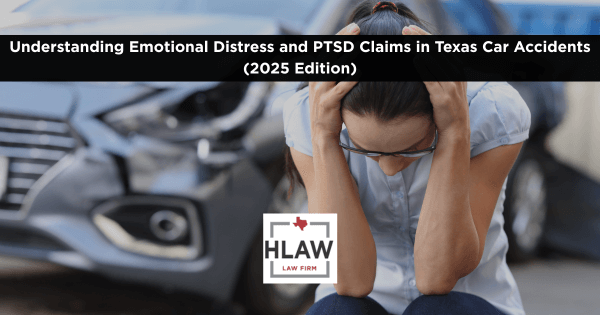 Stressed woman holding her head in front of a damaged car after an accident, illustrating emotional distress and PTSD claims in Texas car accidents.