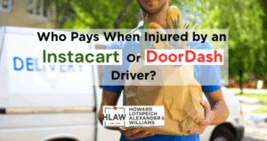 Stressed grocery delivery driver unloading bags from car on residential street as traffic passes by