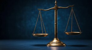 Classic bronze scales of justice perfectly balanced, symbolizing fairness and the critical decision ahead.