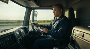 Image of a truck driver using a hands-free device, illustrating compliance with FMCSA regulations.