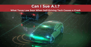 Autonomous vehicle with digital AI overlay representing self-driving technology and legal liability in Texas car accidents