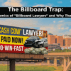 Satirical billboard of a 'Cash Cow' settlement mill lawyer against the Fort Worth skyline, illustrating the dangers of hiring high-volume injury firms.