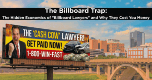 Satirical billboard of a 'Cash Cow' settlement mill lawyer against the Fort Worth skyline, illustrating the dangers of hiring high-volume injury firms.