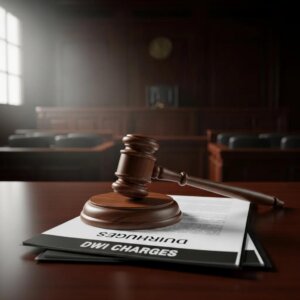 Gavel resting on legal documents titled "DWI Charges" in a courtroom setting, symbolizing the serious legal consequences of DWI offenses and the importance of legal representation by a Fort Worth DWI attorney.