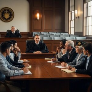 Courtroom scene depicting a judge and legal professionals discussing rehabilitation options, emphasizing probation and diversion programs relevant to Tarrant County criminal justice.