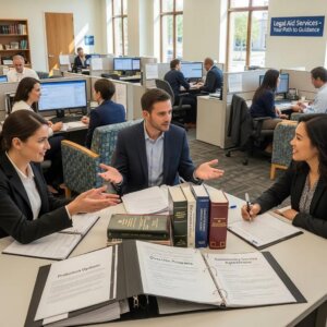 Legal aid office scene with individuals discussing legal documents and resources, highlighting support for probation and diversion options in Tarrant County.