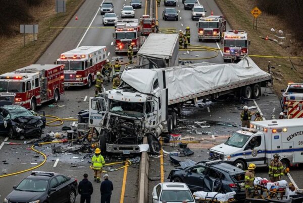 Commercial truck accident scene with emergency responders and damaged vehicles