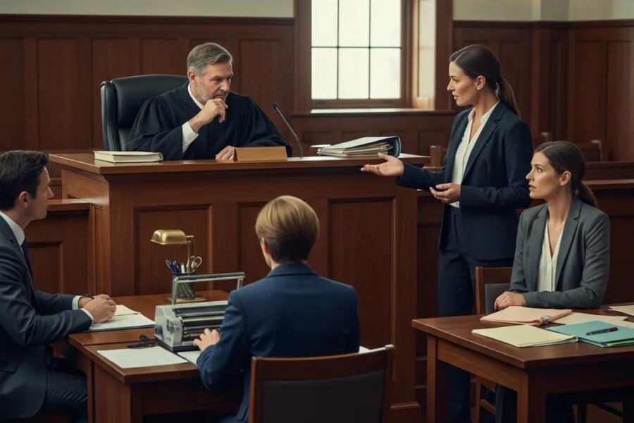 Courtroom scene illustrating the legal process of probation revocation with a judge and lawyer